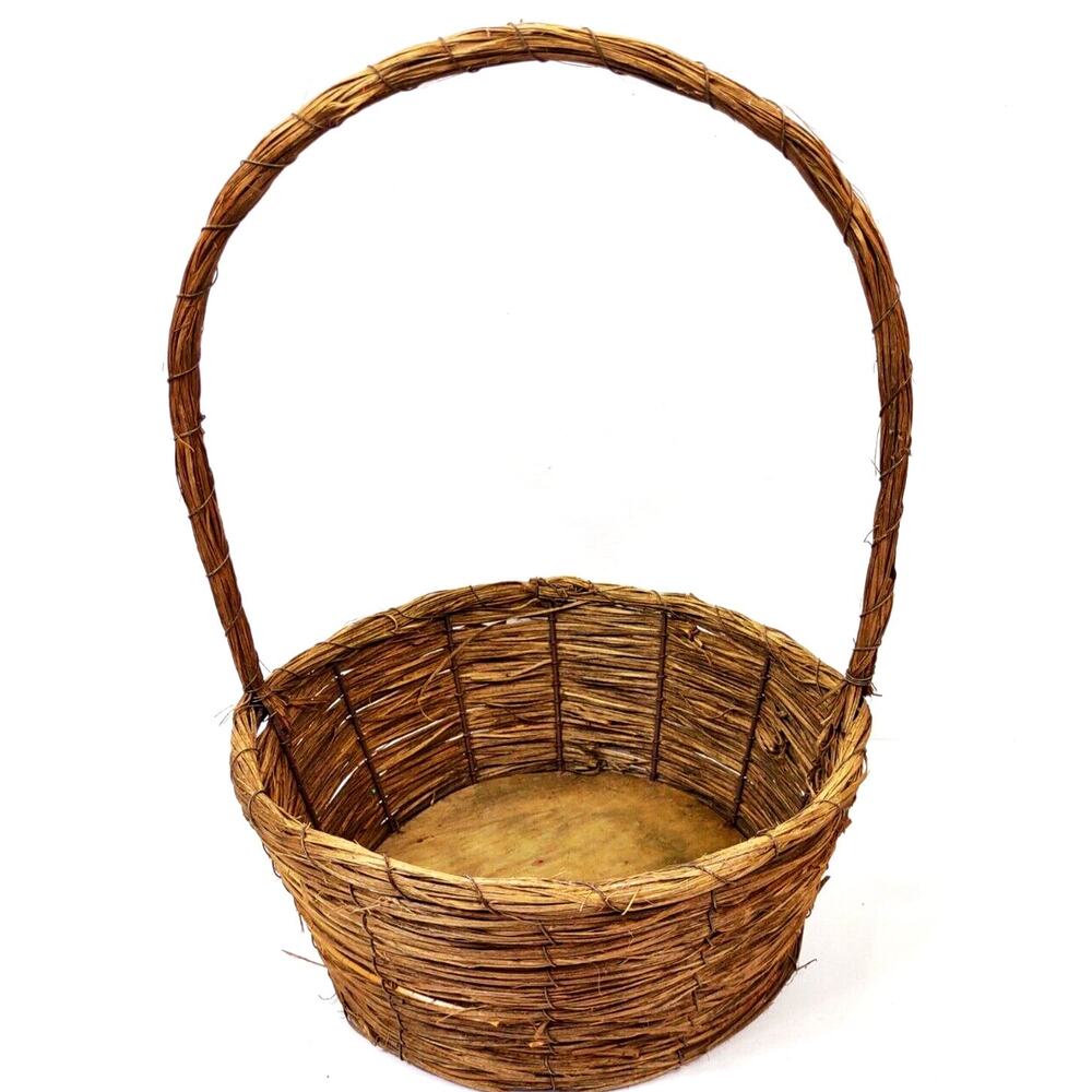 Antique Primitive Willow Grass Handmade Woven Gathering Basket w Handle 16" Wire